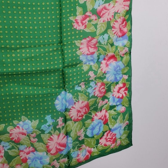Vintage Silk Scarf Square Green Pink Floral Polka Dot 29"  Hand Rolled - Picture 5 of 10
